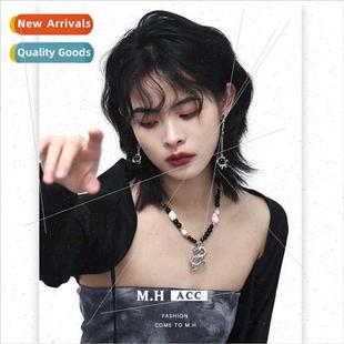 earrings female hip Black hottie asymmetrical hop silve bead