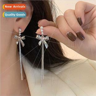 bow needle earrings pearl niche S925 female silver
