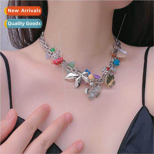 Hot love rose girl flower leaf necklace natural stone colorf