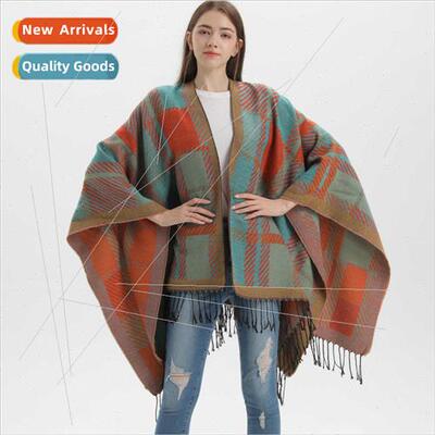 Autumn winter ladies tassel open shawl classic plaid enlarge
