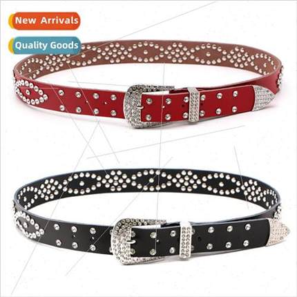 Korean fashion rivets rhinestone inlaid leather belt female