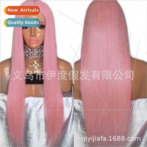 Dyed Long Wig Pink Colorful Medium Parted Chemical Fiber Hea