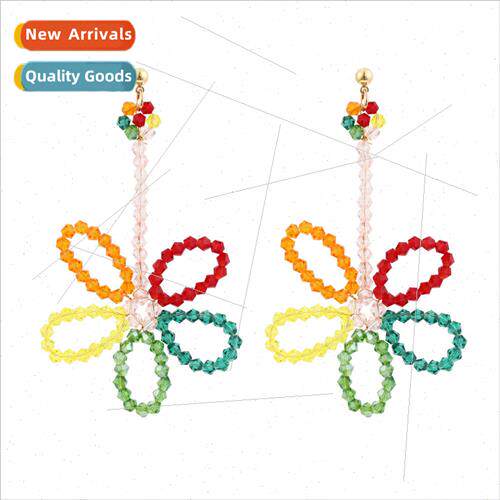 Korean glazed beaded flower earrings long hand-woven flowers