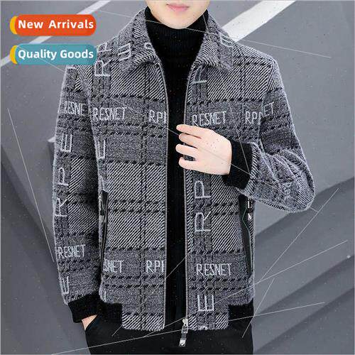Lapel plaid casual tops fall winter men gold mink jacket mid