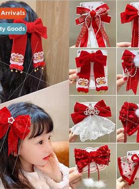 New Year Eve headdress girls Chinese red big bow hair clips
