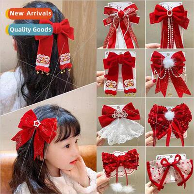 New Year Eve headdress girls Chinese red big bow hair clips