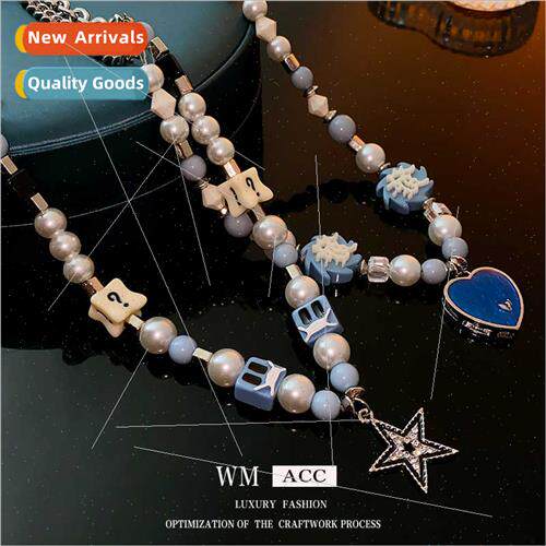 Blue oil drip heart star pearl necklace fashion collarbone c