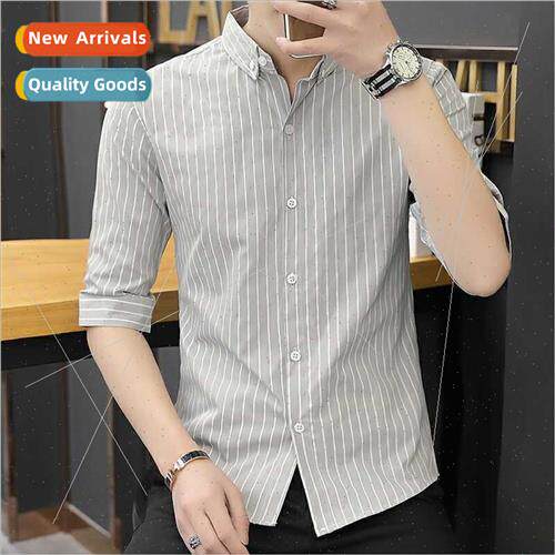 2022 summer new medium-sleeved shirt men Slim Korean striped