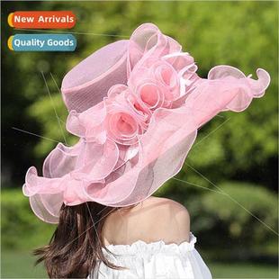 Organza 2023 Ladies Large Flower Hat Brim Sun Feather Summer