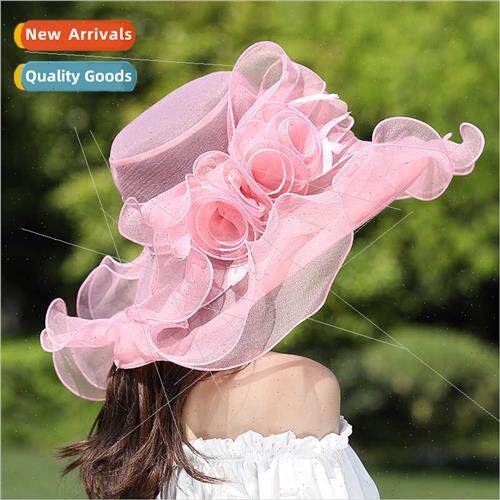 Feather Large Brim Organza 2023 Summer Sun Hat Ladies Flower