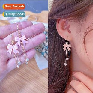 tassel diamond wind pink gentle bow versatile New earrings