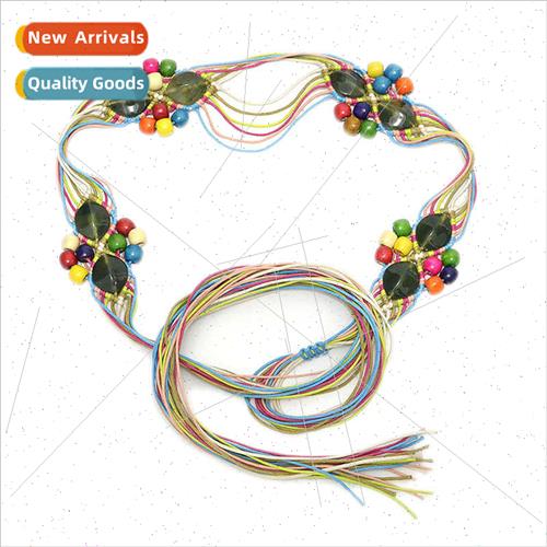 Women Ethnic Belt Multi-color Agate Stone Handmade Wax Rope