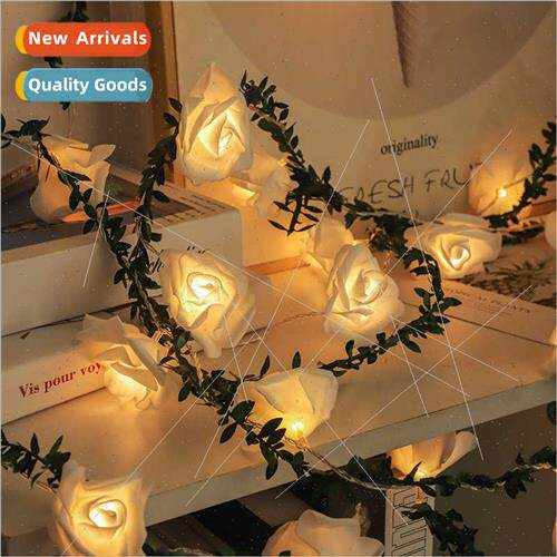 led rose rattan lights string simulation green leaves rattan
