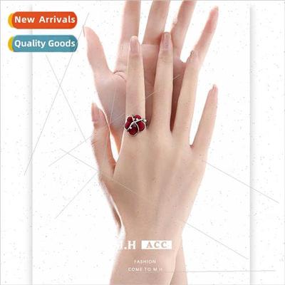 Red Flocking Flower Ring Female Celebry Open Pair Ring New H