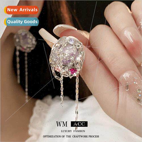 lver needle inlaid diamond pearl irregular tassel earrings f