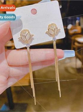 Korea Fashion Earrings Rose Flower Flower Diamonds Long Tass
