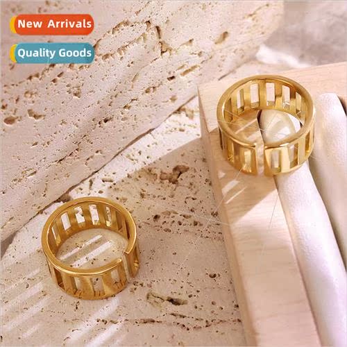 French ins cold nd hollow opening geometric ring tanium stee