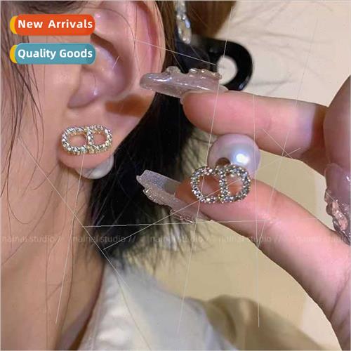 French pearl stud-shaped full diamond earrings 2023 new retr