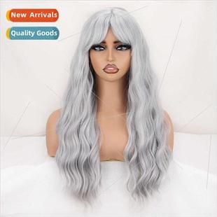 Europe long curly wig light gray bangs wool curly mechanism