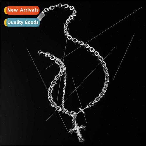 Europe Hip Hop Tanium Steel Double Layer Spliced Cross Neckl