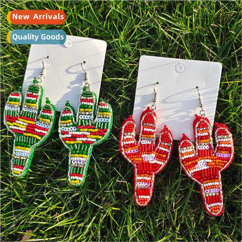 New Rustic  Earrings Hand-Woven Rice Beads Beaded Cactus Ear
