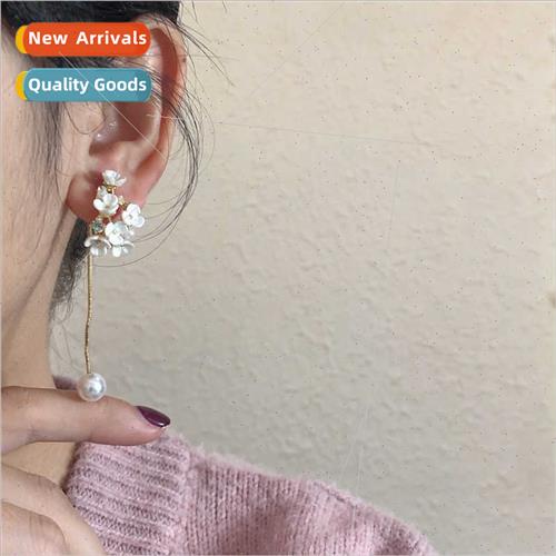 Pearl flower earrings female sense long tassel earrings Mori
