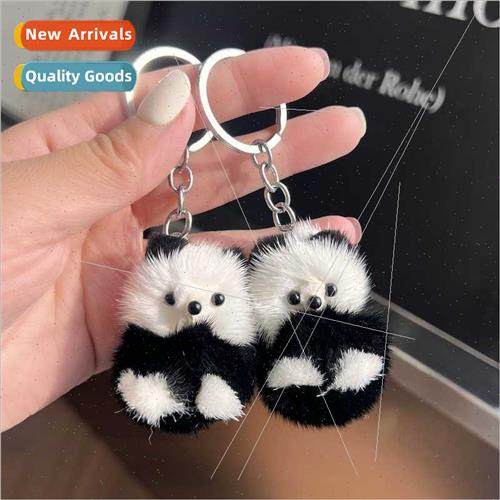 Mini cute real mink hair panda car keychain pendant plush do