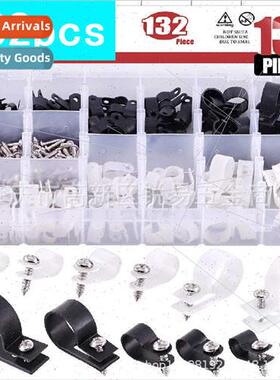 132pcs Whe+Black Nylon Plastic R-Cable Clamps Nylon Screw Mo