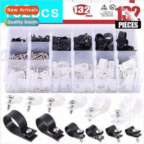 132pcs Whe+Black Nylon Plastic R-Cable Clamps Nylon Screw Mo