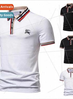 Summer new short-sleeved T-shirt lapel color blocking embroi