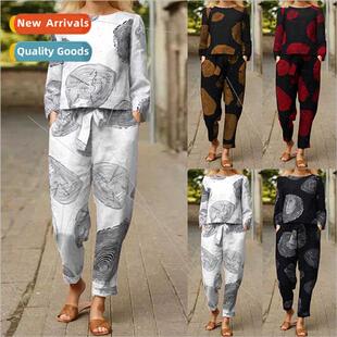 2023 New Women Fall Floral Print Casual Top Pants Set