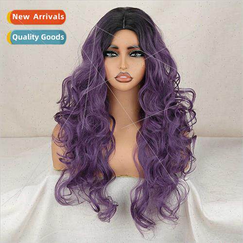 Europe fashion wig women purple gradient long big wave wig c