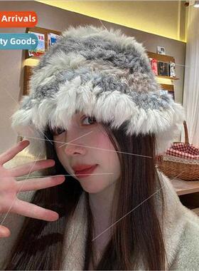 2023 Korean  rabb hair ins color blocking striped fisherman