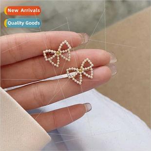 bow hollow girls French swe earrings retro sense Korea pearl