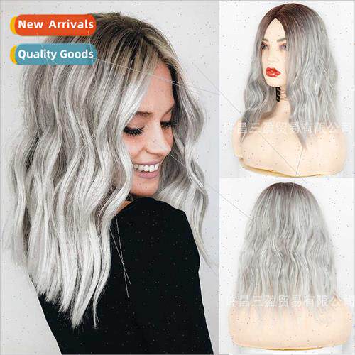 Wig head covering Europe women center parted gray brown two-