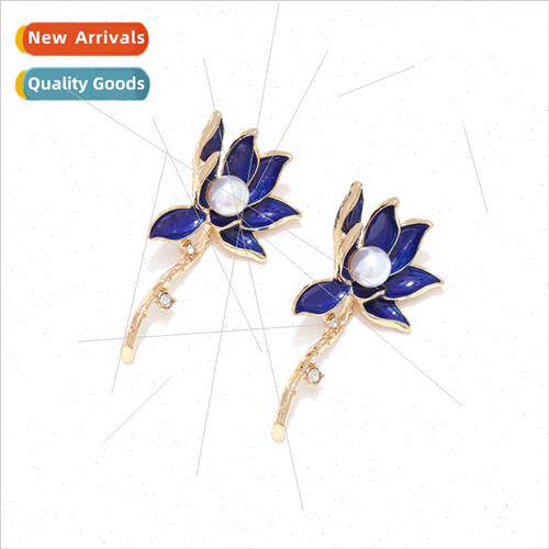 fashion senior alloy oil drop imation pearl blue lotus earri