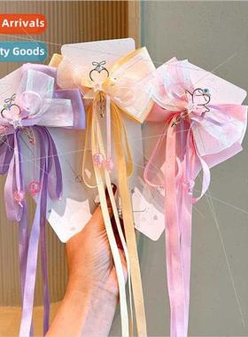 Children bow long fluttering ribbon braided hair clips ltle