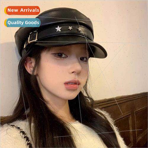 Spring Autumn metal buckle pentagram duck tongue cap pu leat