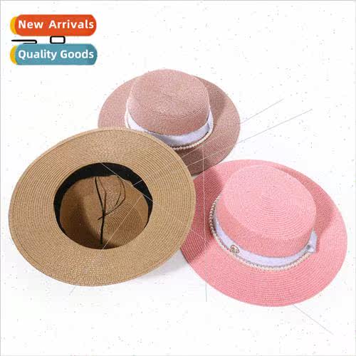 Straw hat female Spring Summer pearl M letters flat top bowl