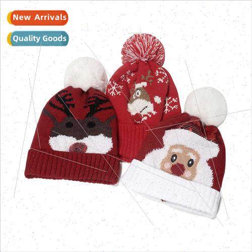 New holiday hat red Father Christmas deer jacquard wool ball
