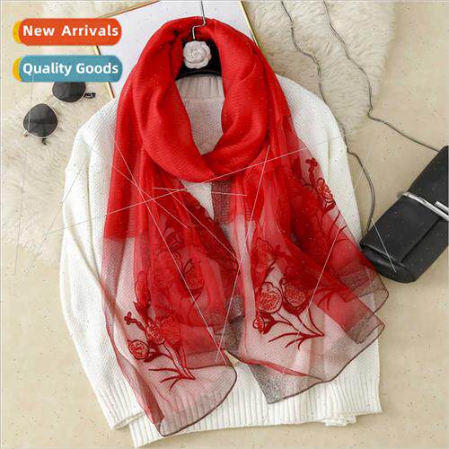 New embroidery silk wool blend scarf spring summer casual em