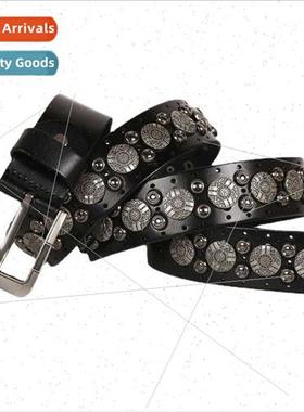 New belly button studded head layer cowhide leather belt 3.8