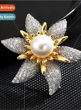 New radiant zirconia six-leaf flower pearl brooch female pen