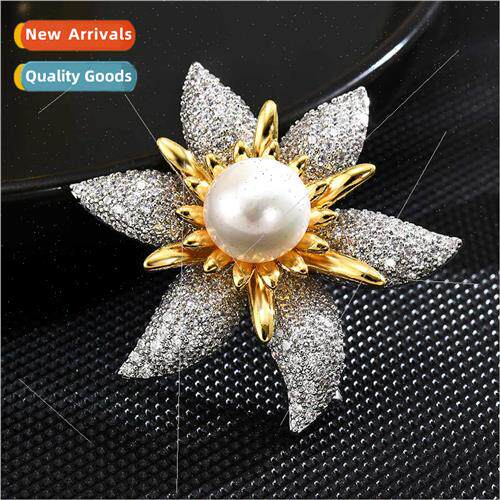 New radiant zirconia six-leaf flower pearl brooch female pen