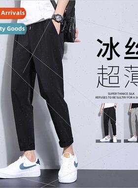 Draped ice silk men casual pants thin summer large size spor