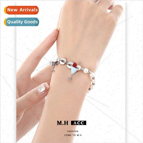 Navy blue oil drop wine glass pearl bracelet women splicing