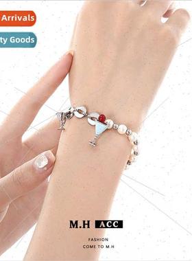 Navy blue oil drop wine glass pearl bracelet women splicing