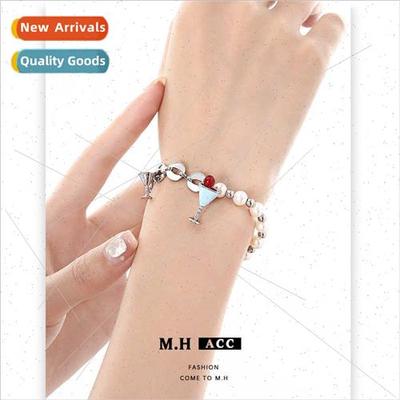 Navy blue oil drop wine glass pearl bracelet women splicing