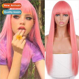 Europe wig pink bangs long chemical fiber wig head covering