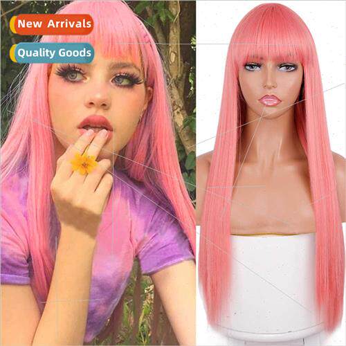 Europe wig pink bangs long chemical fiber wig head covering